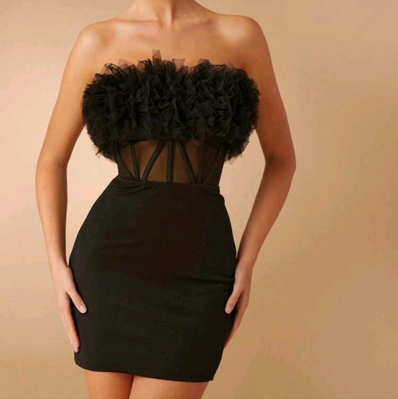 Semi Sheer Ruffle Bust Lace Up Back Mini Dress - Picture 1 of 5